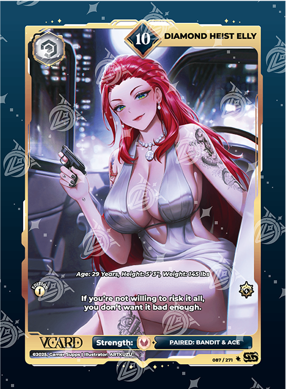 VCard Divine Chaos - 1st Edition - Ultra Rare Power 10 Diamond Heist Elly